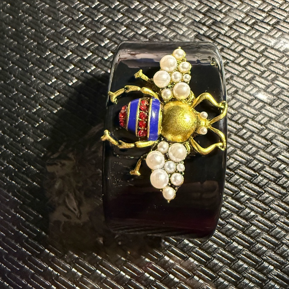 Black Resin Cuff with Gold Bee and Pearl Accents
